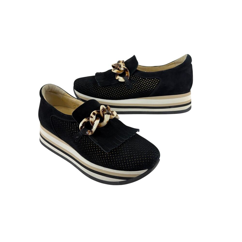 Softwaves Cadie Loafer Platform Sneaker Black Suede Leopard Chain